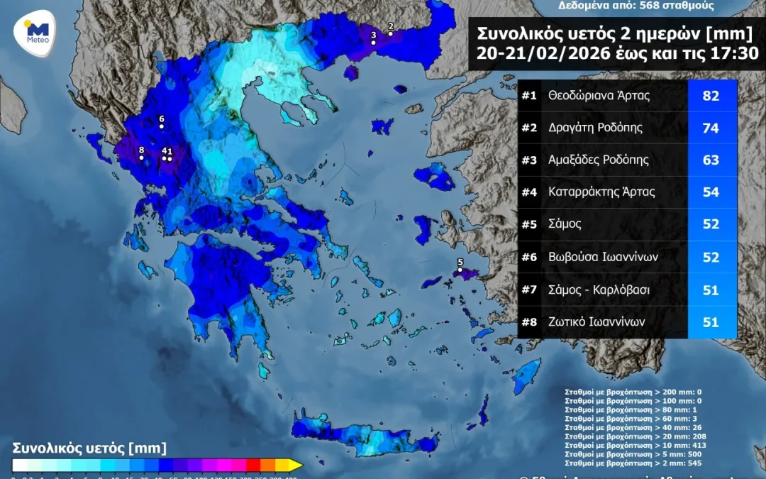 Έντονες βροχές σε Ήπειρο και Θράκη – 82 mm στα Θεοδώριανα Άρτας